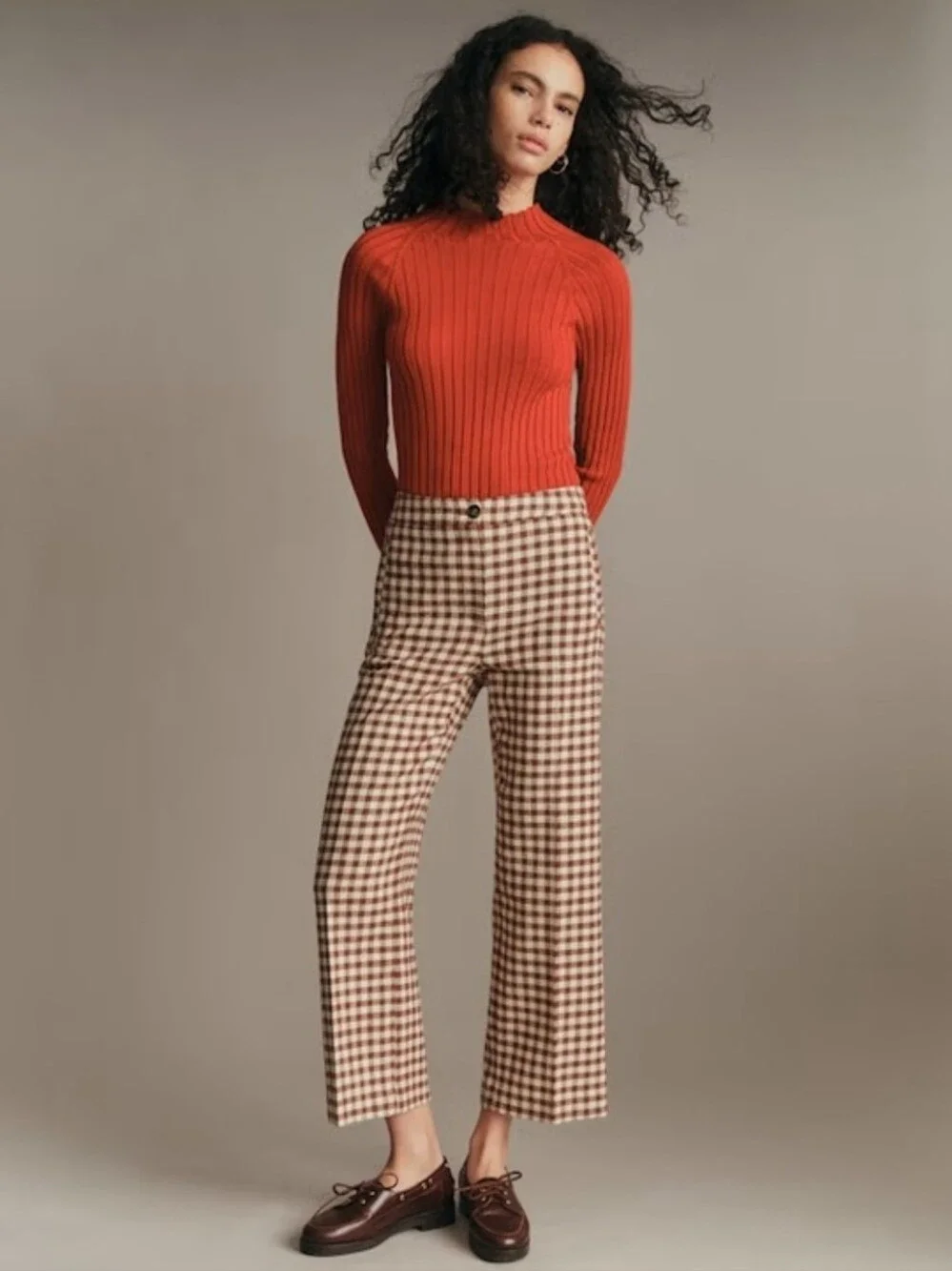 Sezane Martin Gringham Crop Tailored Trouser Size 36 Small 4 In Brown Ecru